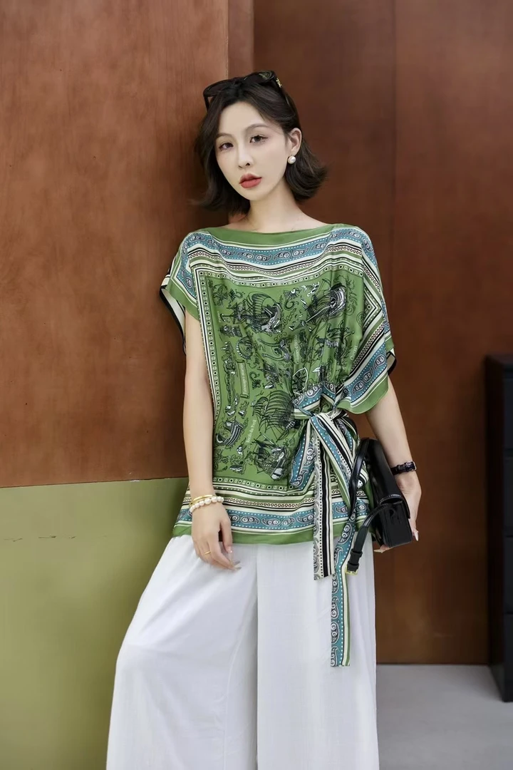 热带印花正反两穿系带时尚衬衫上衣