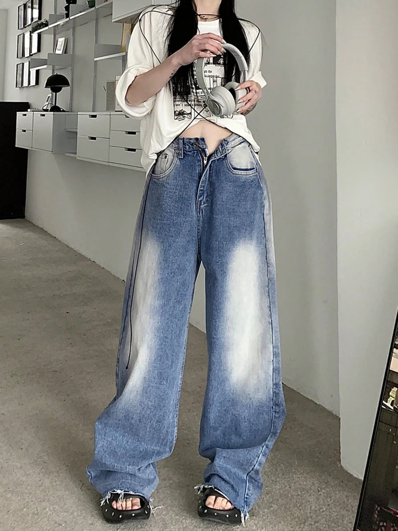 复古蓝松紧腰阔腿牛仔裤女秋季2025年新款高腰显瘦宽松垂感百搭裤