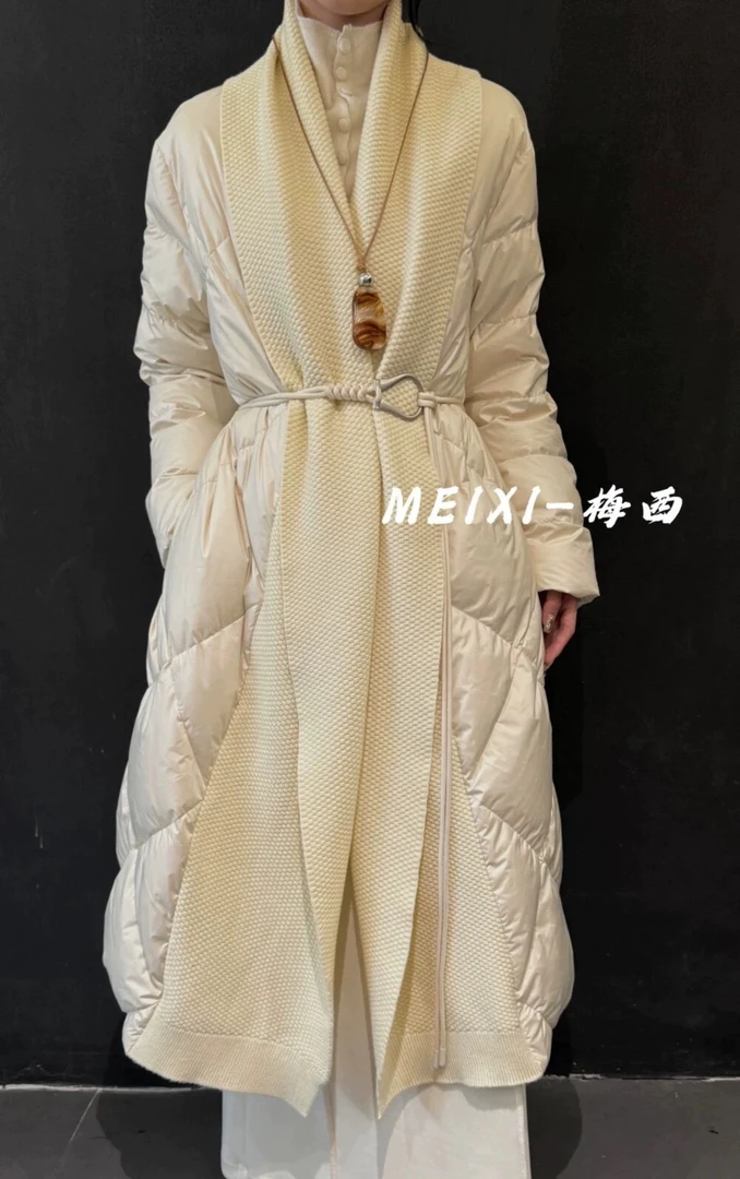 3折！大牌拼接针织气质羽绒服女中长款韩版修身白鸭绒