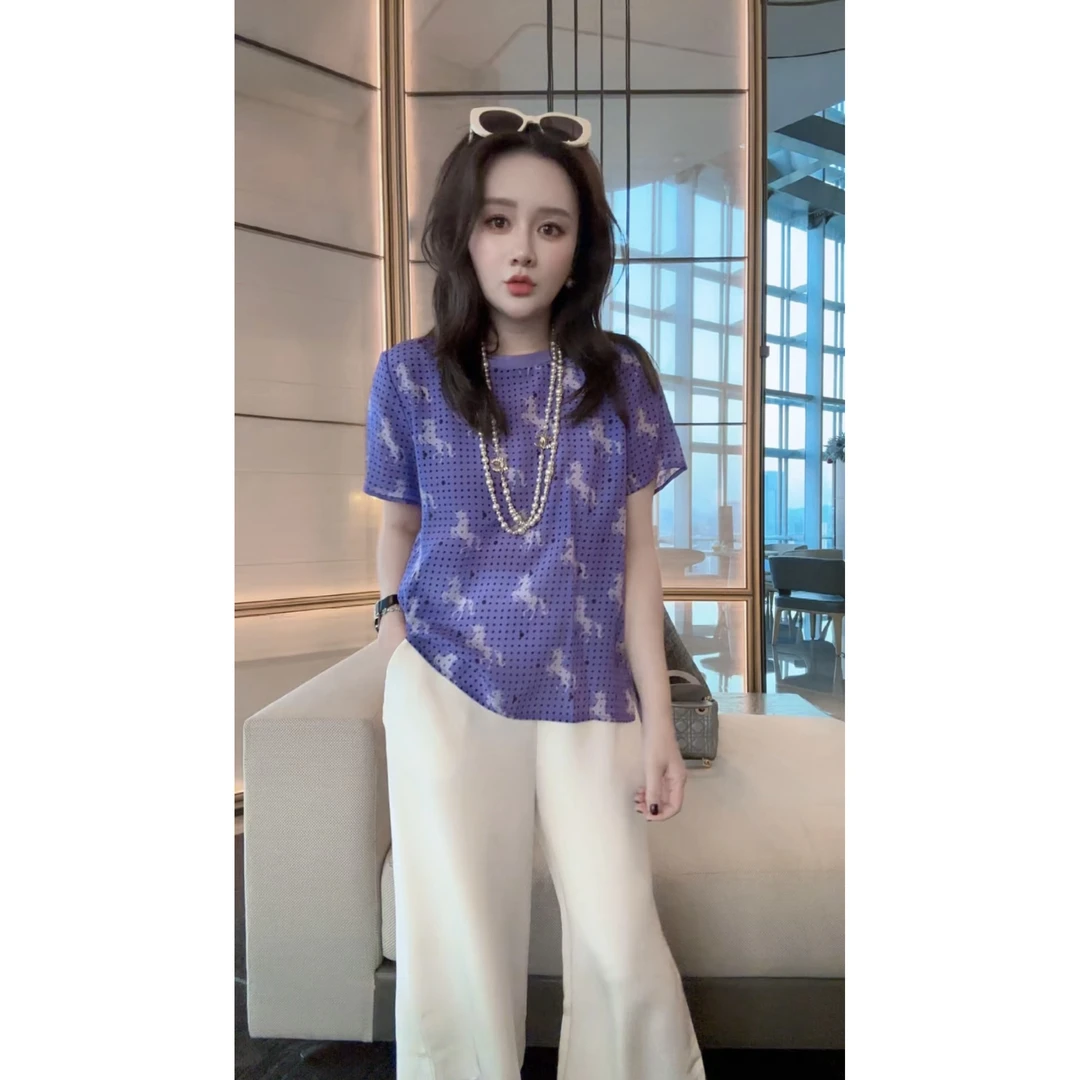 【丝芙玉禄】（A129）真丝双绉创意紫色波点马时尚显瘦桑蚕丝t恤上衣