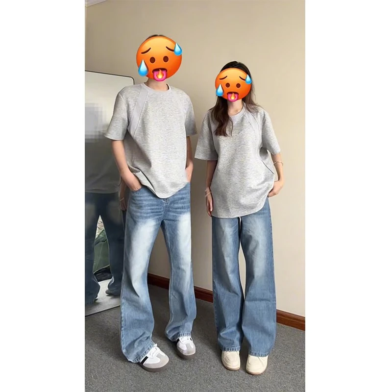 太空棉boxy版型t恤男夏季美式解构拼接半袖cleanfit灰色情侣短袖