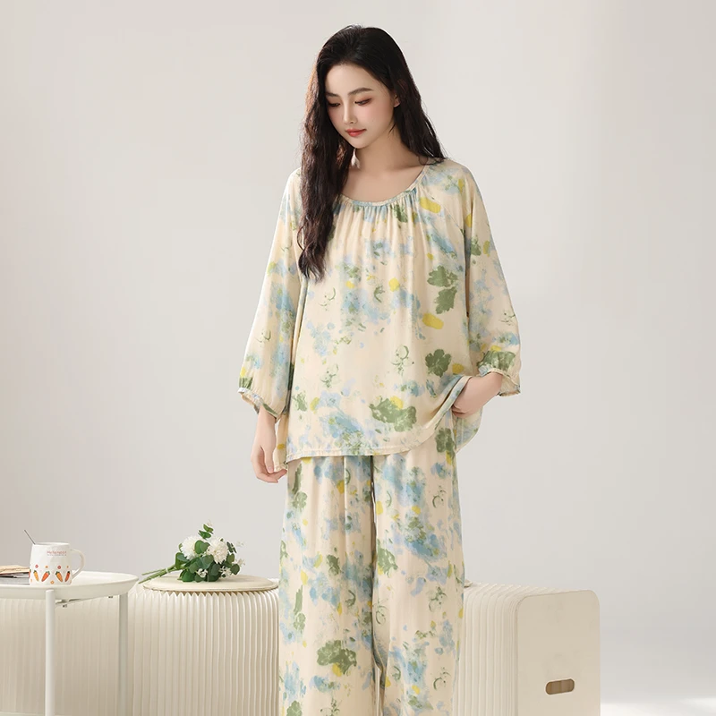 【长袖长裤套装】夏季新款宽松阔版休闲绵绸睡衣套装女家居服