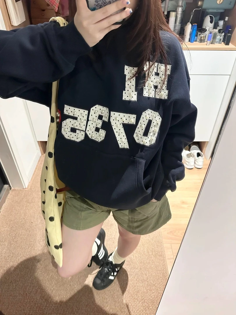 伶落旧人  藏青色波点珍珠贴布刺绣连帽卫衣女秋冬高级感情侣外套