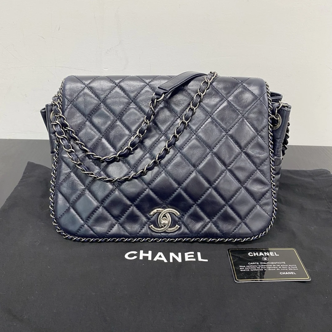 95新 Chanel/香奈儿 深蓝色银扣滚边单肩斜挎链条包 21388