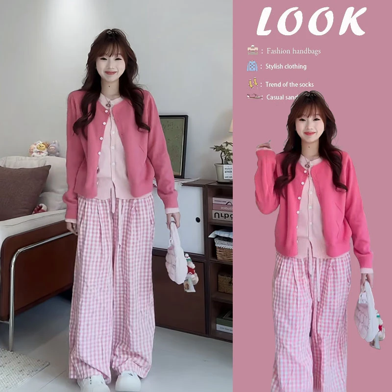 时尚穿搭女2025春季新款女减龄撞色假两件针织衫格子休闲裤两件套