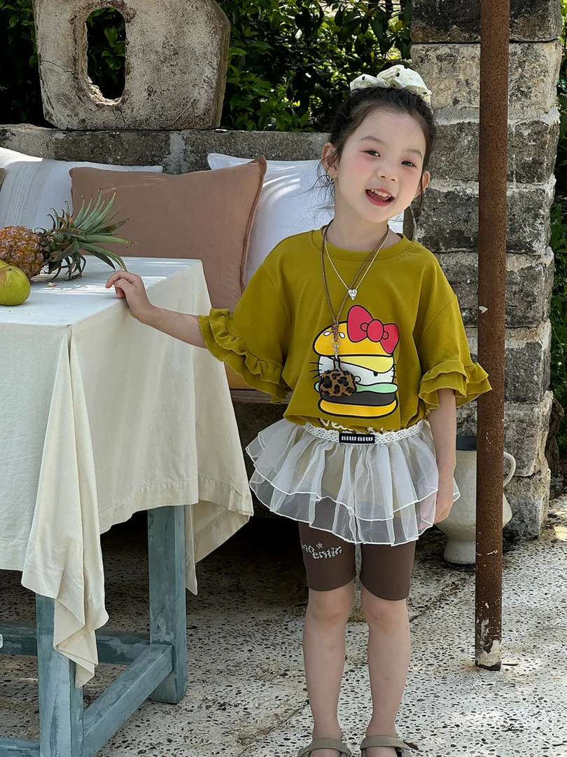 25女童夏季款韩系卡通印花木耳边中长款短袖女宝字母鲨鱼裤五分裤