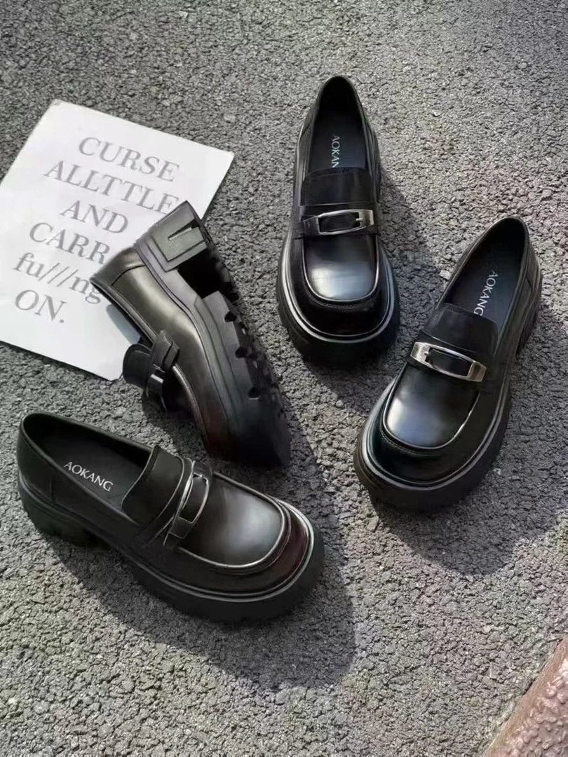 圆头乐福鞋女鞋豆豆鞋常规时尚透气套筒修面皮厚底