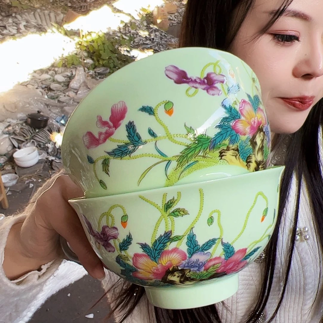 摆件陶景德镇绿xixi虞美人碗2个