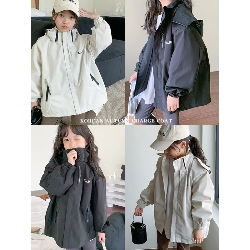 韩国新款春秋装女童防水防风冲锋衣男童连帽外套儿童户外风衣