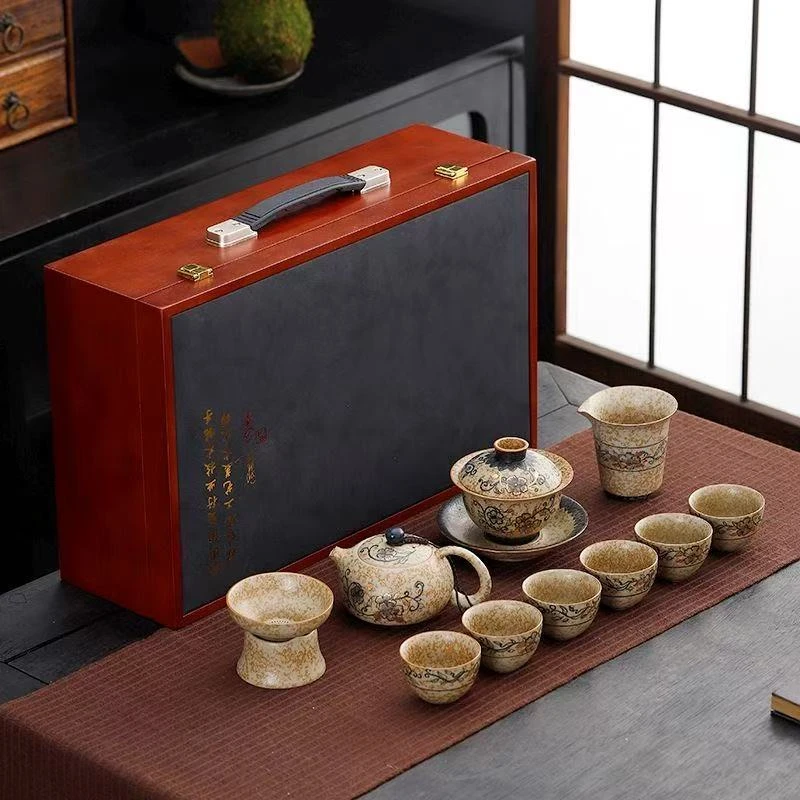 青花瓷火石红高档功夫茶具套装复古茶壶盖碗主人杯茶壶茶具