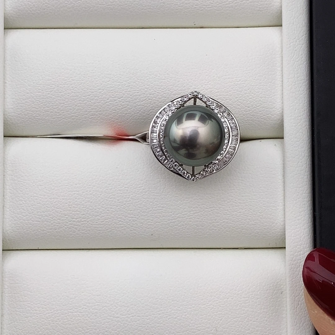 海水珍珠戒圈银S925镶嵌孔雀绿戒指11.8mm