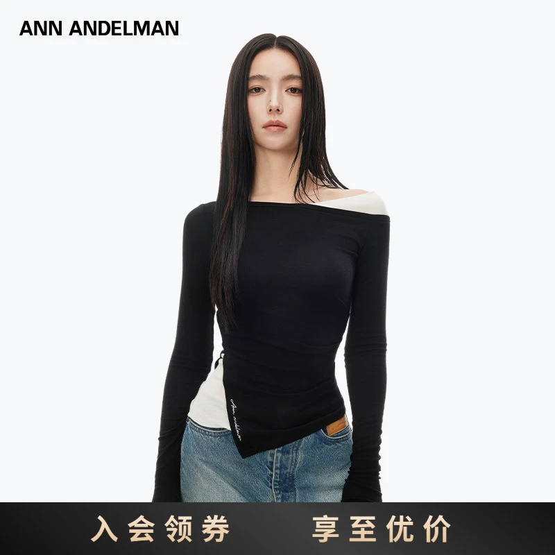 【明星同款】ANN ANDELMAN 拼色不规则斜肩长袖T恤上衣女2025新款