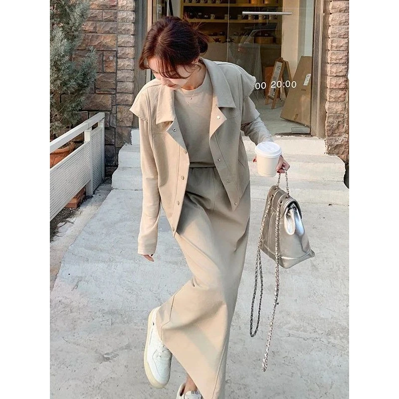 大码胖mm时尚连衣裙套装女装秋季新款氛围感工装马甲半身裙三件套