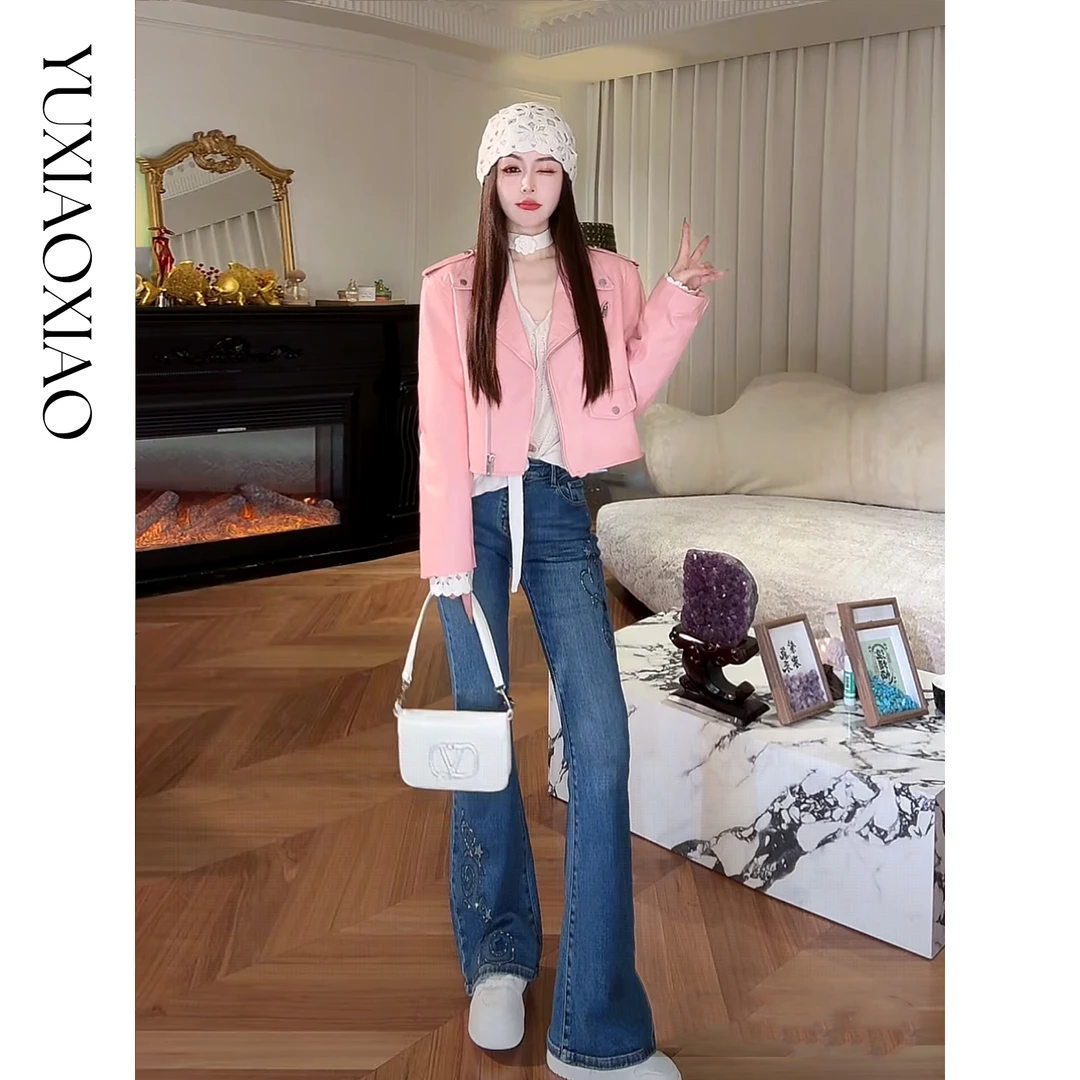 余潇潇【腿精剧场】时尚百搭柔软含棉高弹烫钻显高显瘦微喇牛仔裤女