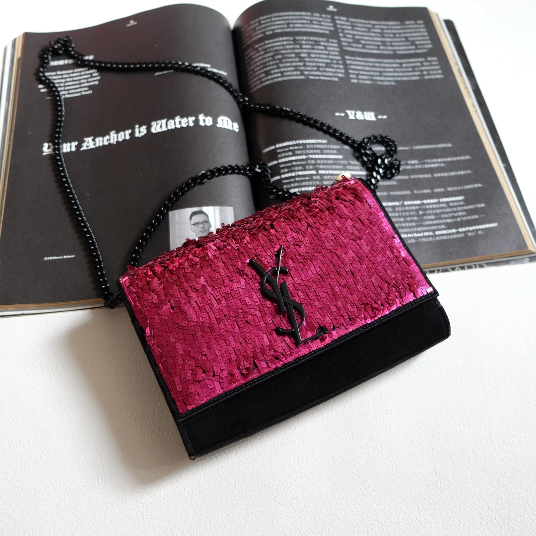 95新 YSL/圣罗兰 辣辣/亮片刺绣日落小号翻盖链条包