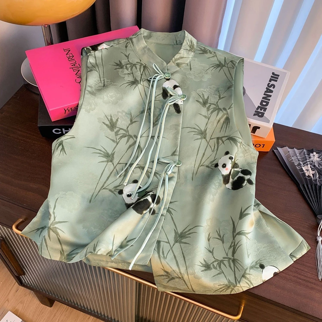 新中式马甲熊猫图案马甲斜襟盘扣坎肩2025年秋款上衣中国风衣服