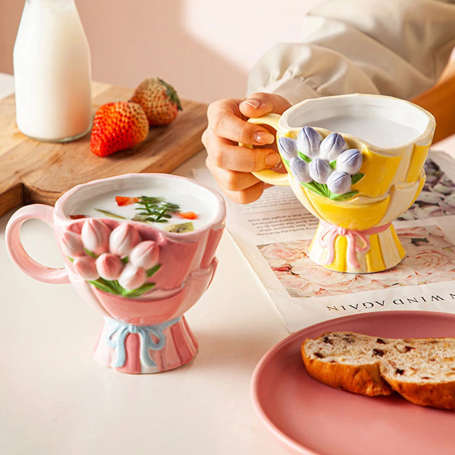 精致创意立体浮雕陶瓷大容量咖啡杯马克杯花束杯手捧花高颜值送礼