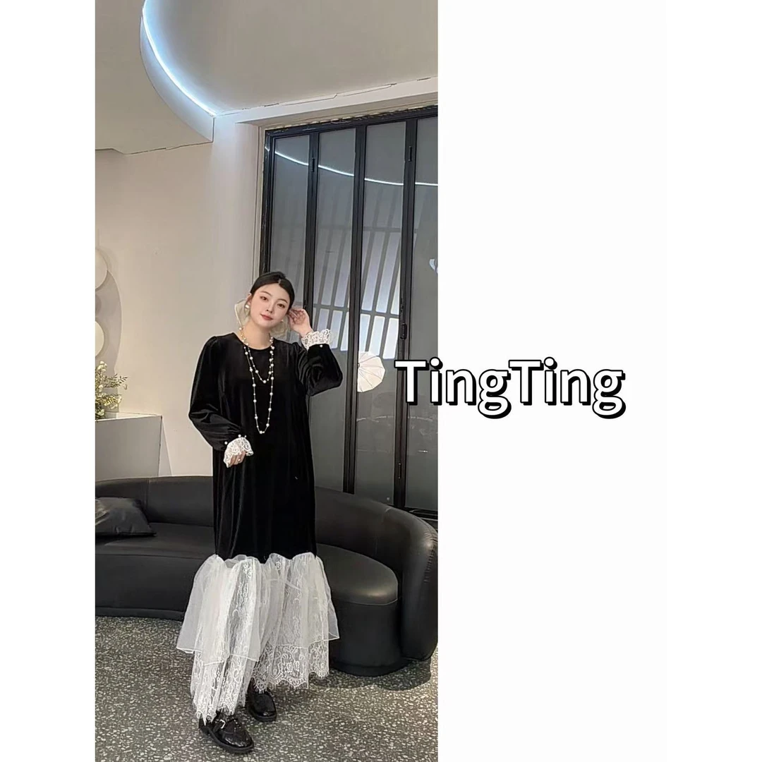 婷婷专属早春系列丝绒连衣裙新款蕾丝拼接长裙子9852