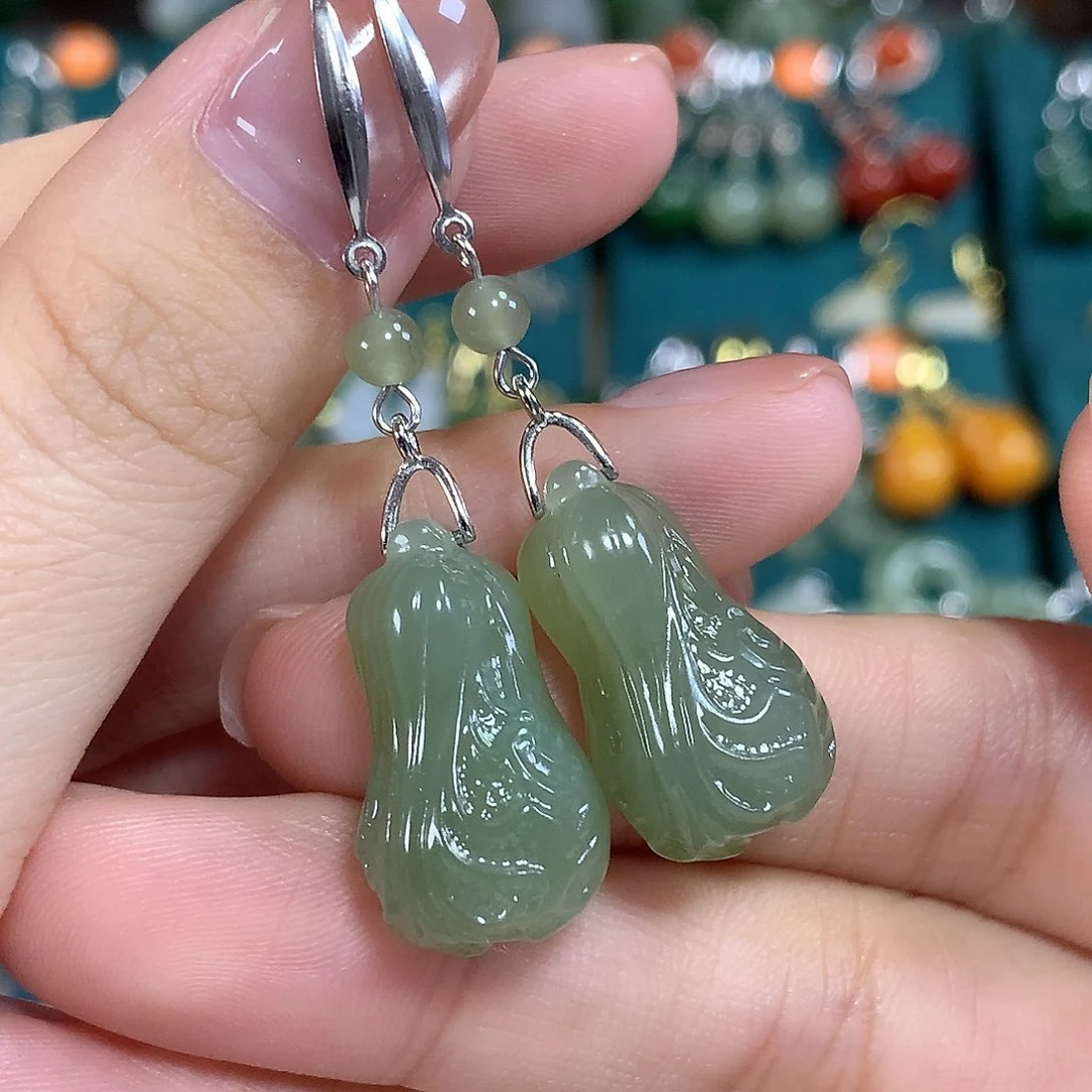 和田玉银S925镶嵌耳饰大白菜卡21.5左