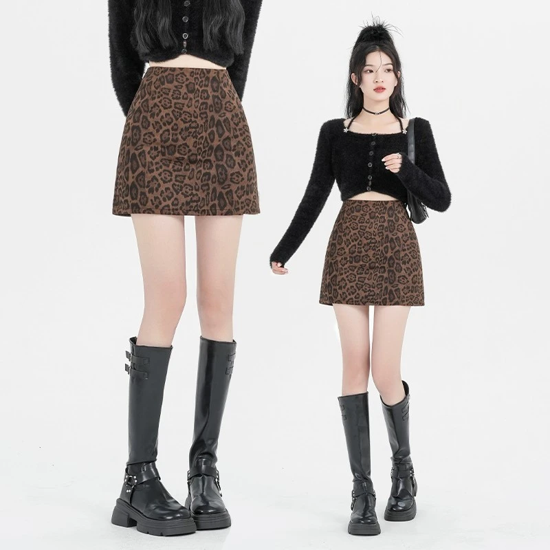 豹纹女装半身裙防走光2025短裙高腰显瘦时尚复古秋冬款A字鹿皮绒