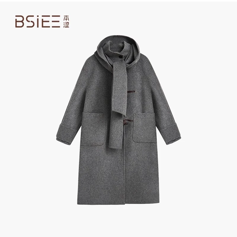 帽子立领大衣2024年秋冬新品宽松高级感围脖毛呢外套女