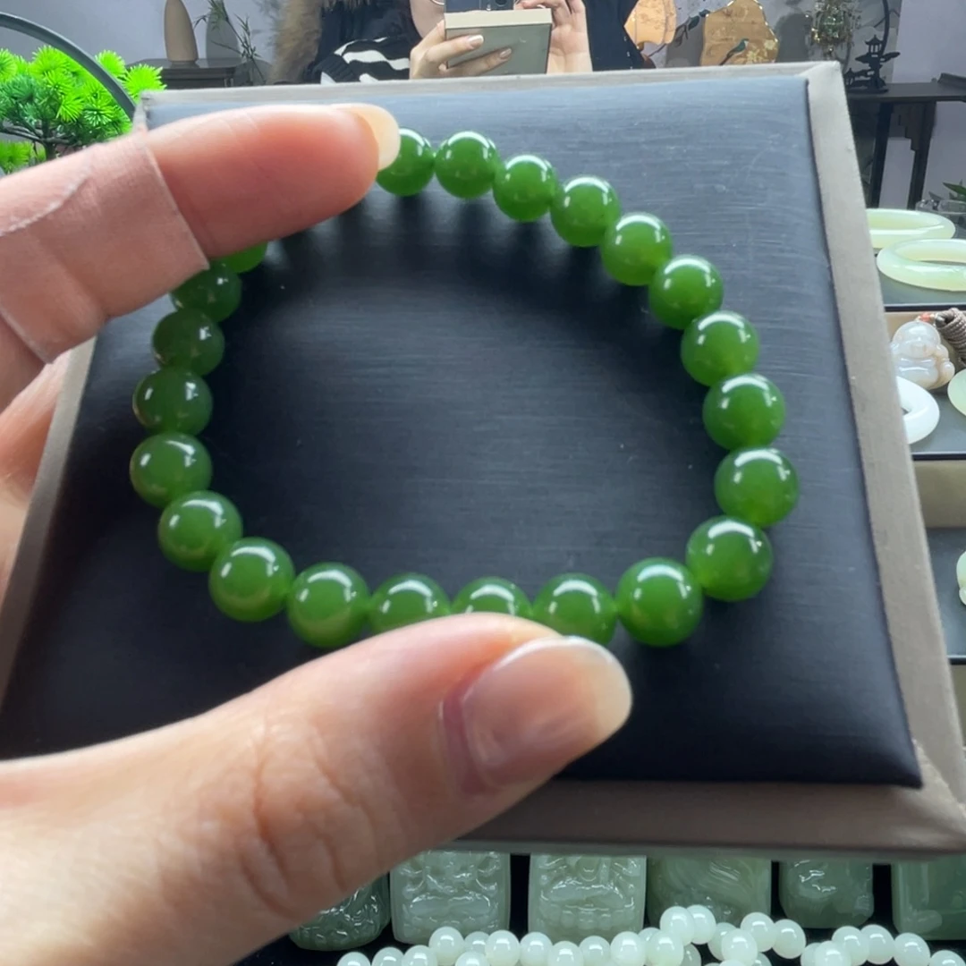和田玉未镶嵌手串俄料碧玉辣阳绿卡8