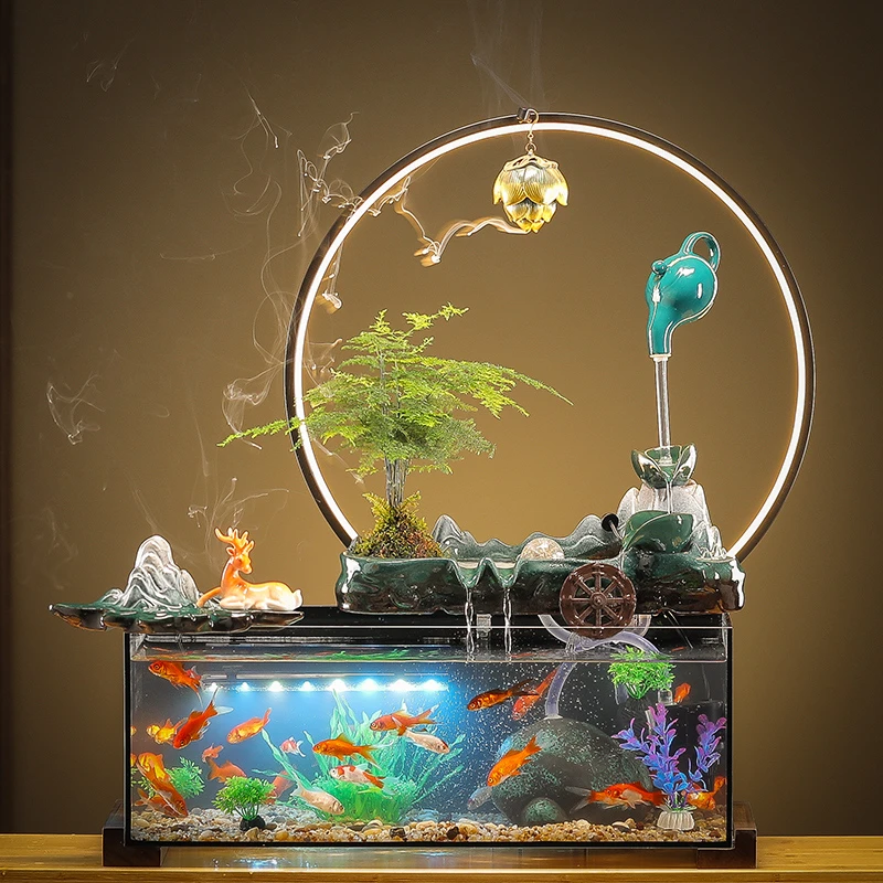 新中式玻璃养金鱼缸循环流水摆件家居客厅办公室装饰乔迁新居礼品