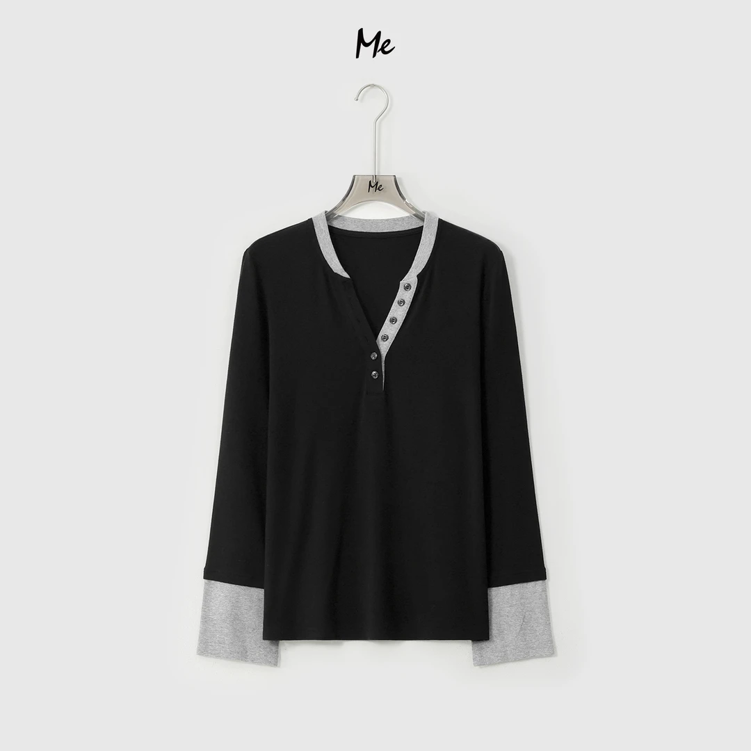 ME【纤长皮肤衫】绵羊毛混纺撞色拼接长袖百搭软糯打底上衣MEQA4853