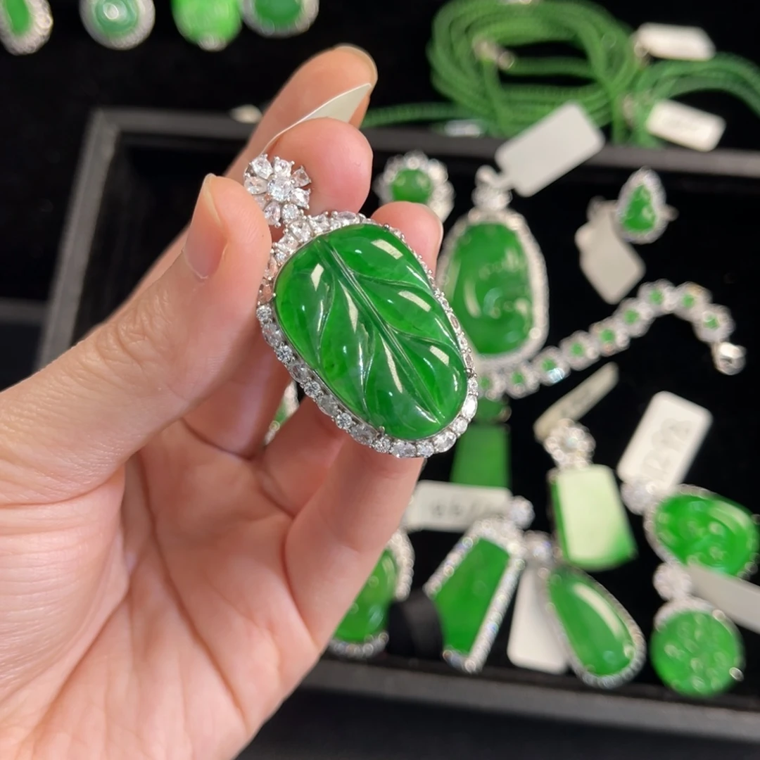a***g翡翠银S925镶嵌戒指叶子吊坠