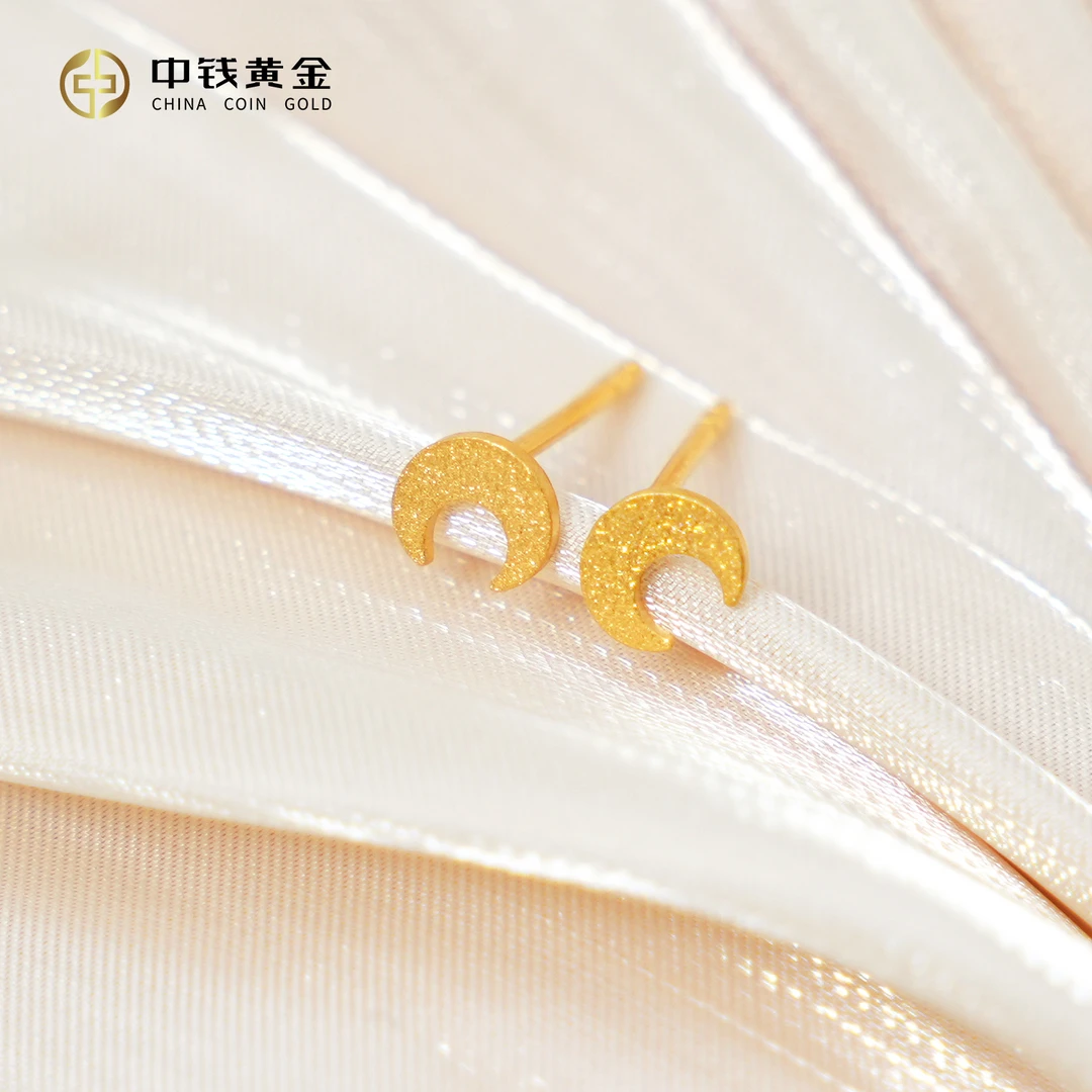 足金5G磨砂细闪月亮直针耳钉
