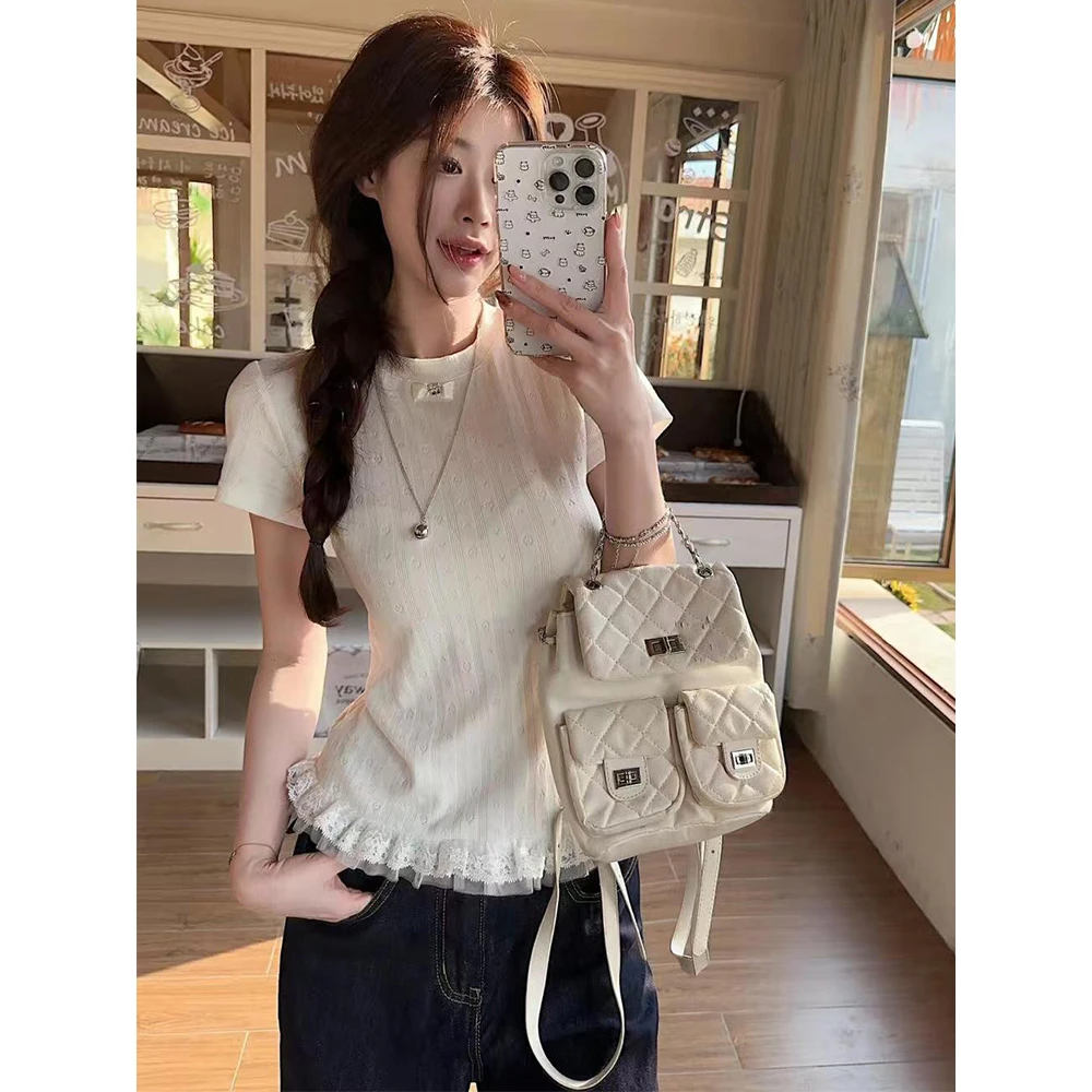 法式花边爱心提花短袖针织衫t恤女夏季小个子百搭甜美风显瘦上衣