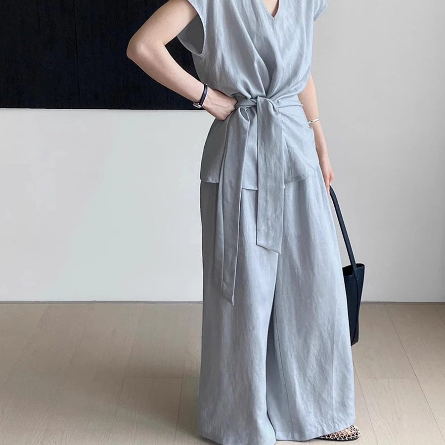 韩系套装女2025秋季新款领绑带收腰背心小衫+显瘦阔腿裤两件套
