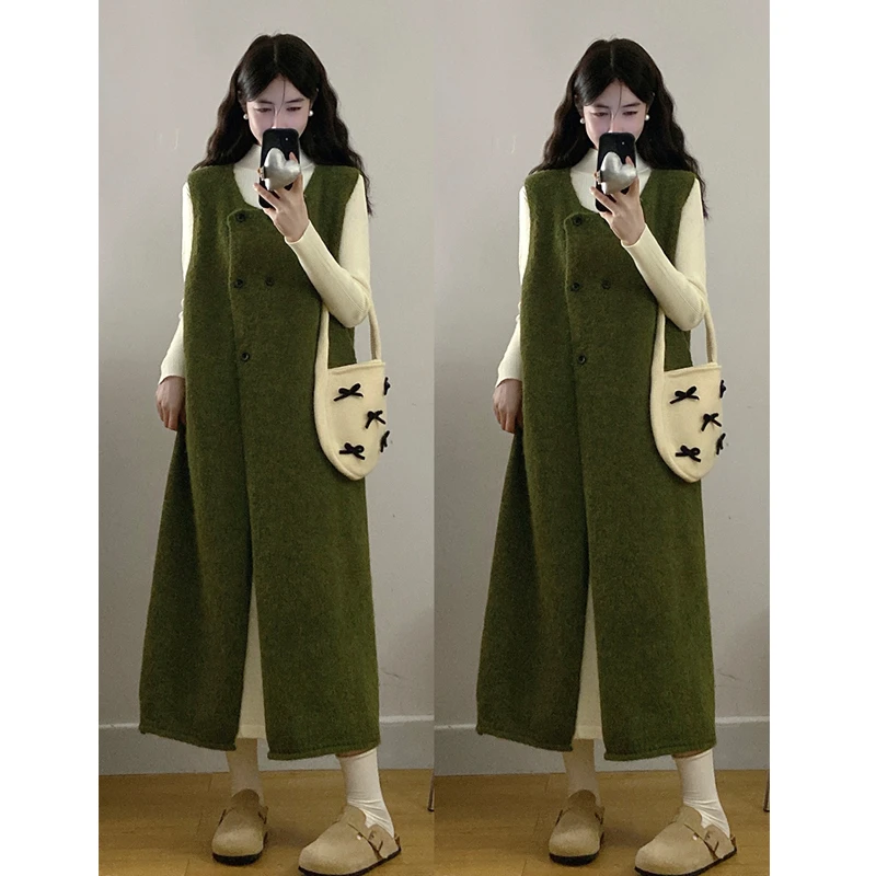 大码秋季新款时尚套装复古针织马甲裙子高领打底显瘦长裙两件套