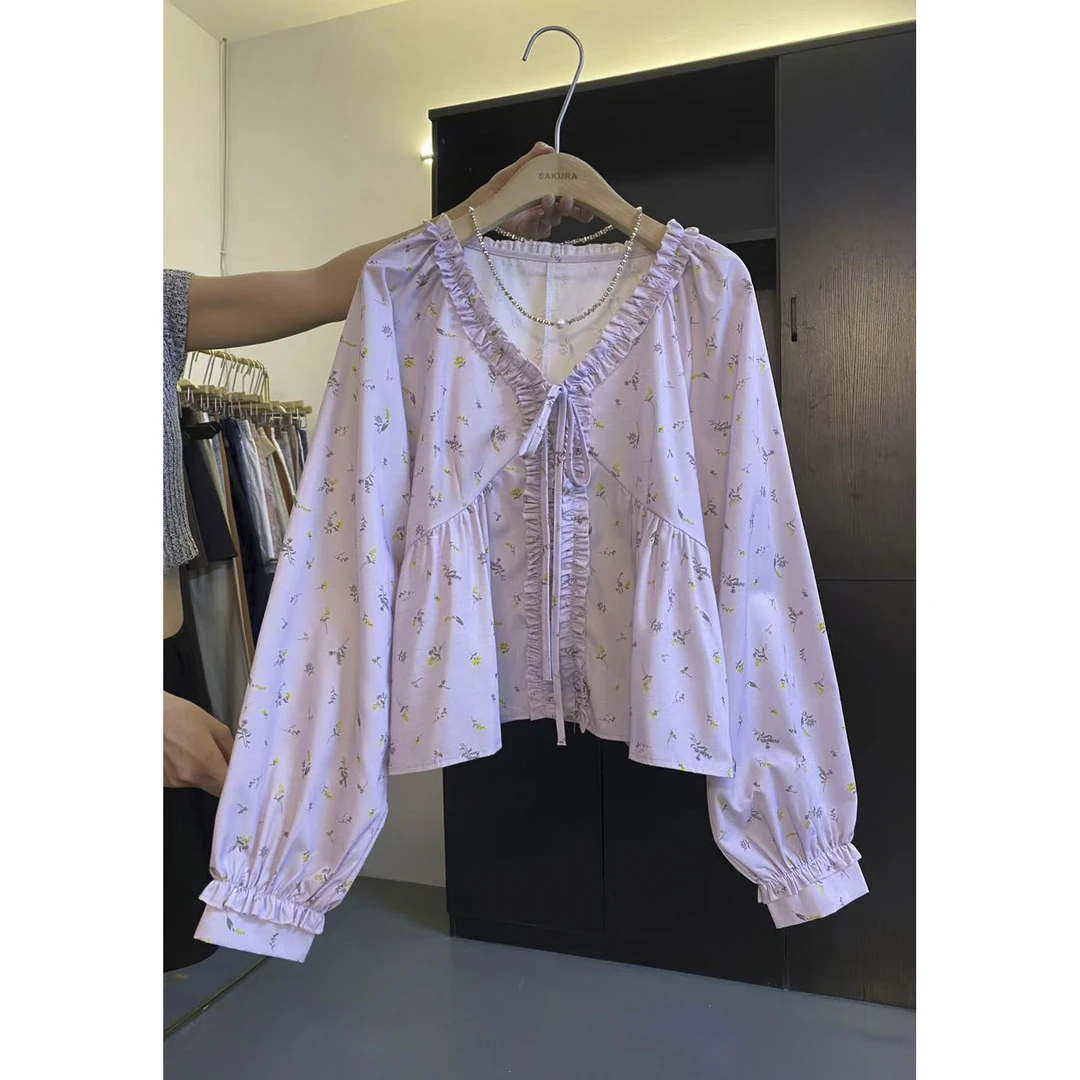 璎婲sᴀᴋᴜʀᴀ【秋日原野】图法式V领温柔碎花设计感木耳绑带长袖衬衫