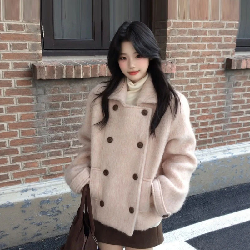 韩系富家千金风超好看双排扣毛呢外套女25秋季新款宽松白搭百搭秋