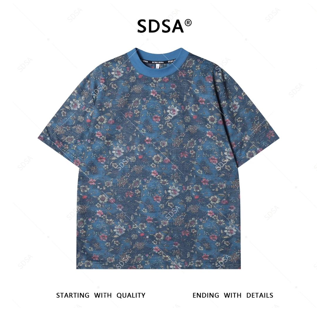 夏季高级感新款男士满印彩色花卉设计短袖T恤复古时尚圆领上衣潮