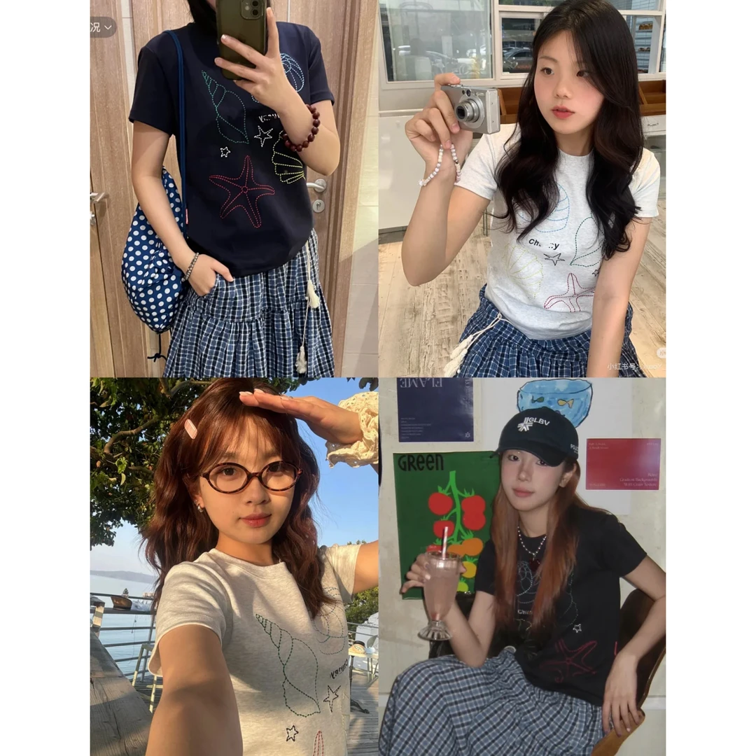 【海边沙滩】chency*原！260克重长绒棉！重工贝壳刺绣正肩短袖上衣～