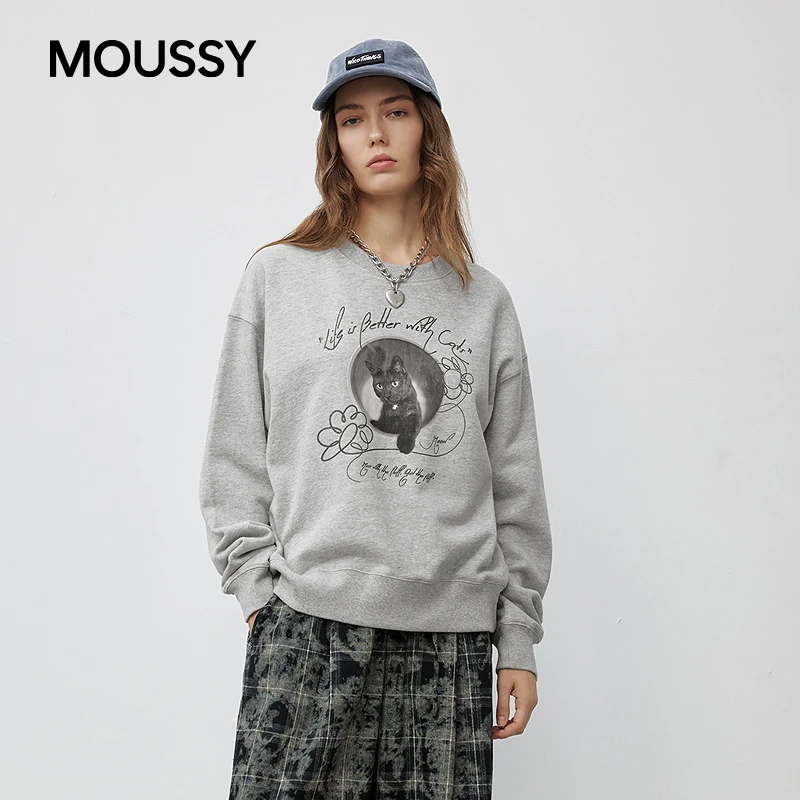 moussy 2025秋季新品休闲风猫咪印花圆领长袖卫衣女028IAA90-0851