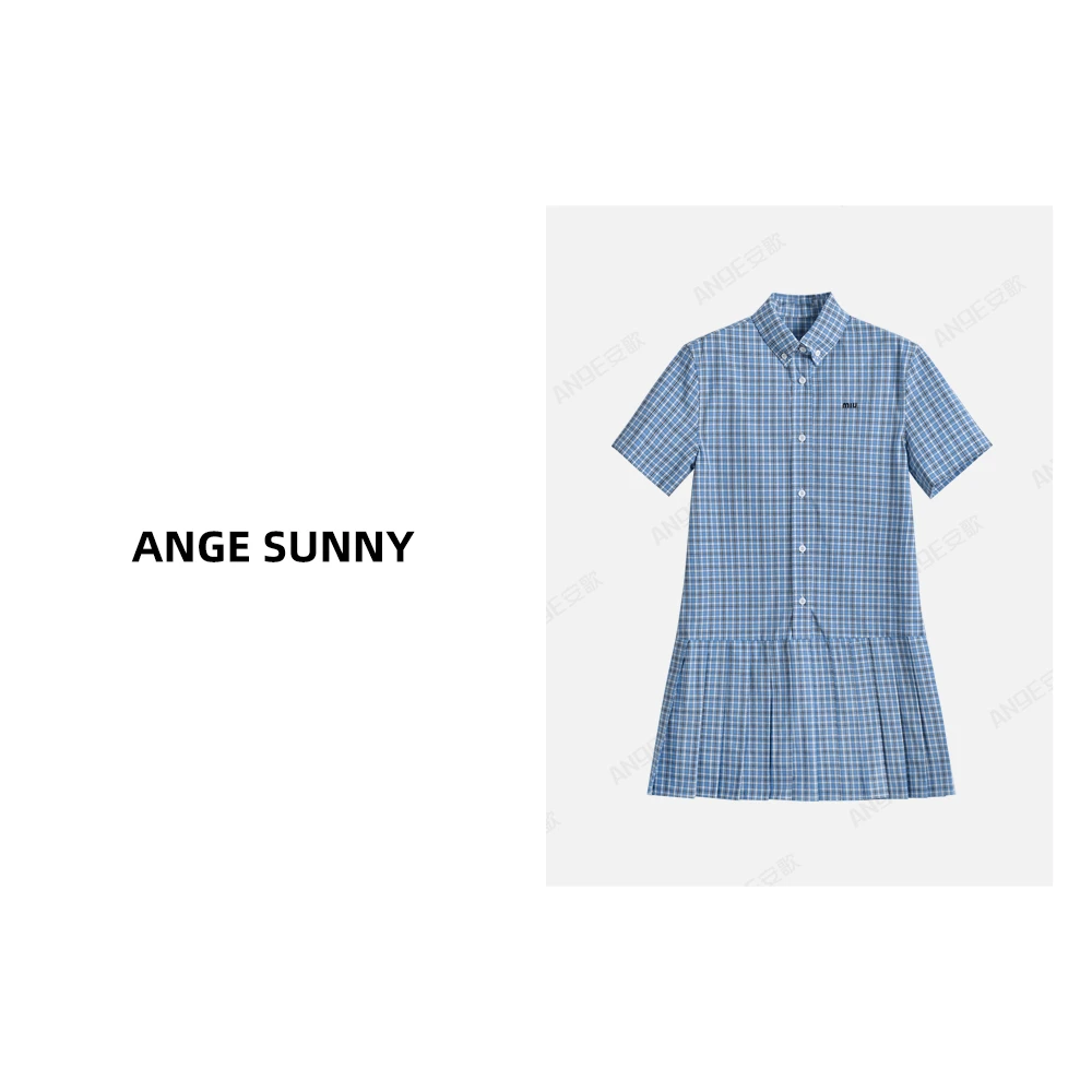 ANGE SUNNY【金米妮同款 格纹衬衫裙】字母刺绣短袖褶裥连衣裙
