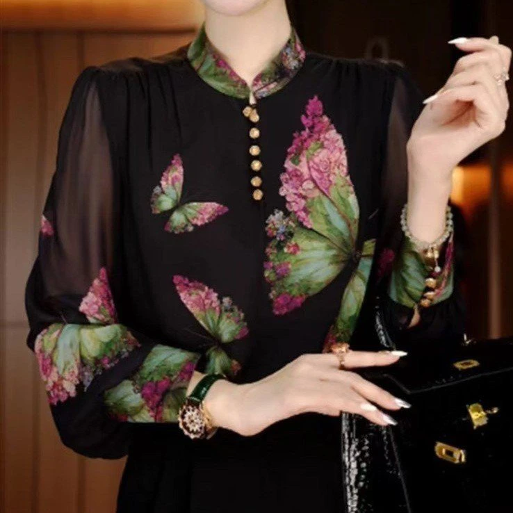 新款高档印花女式显瘦遮肉时尚套头上衣