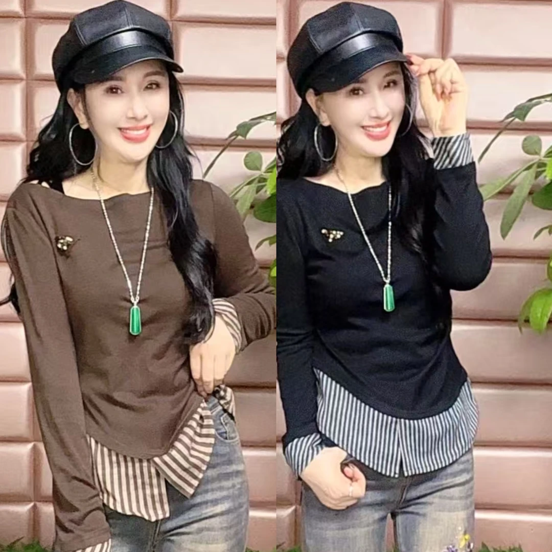 2025秋冬新款时尚百搭显瘦修身圆领拼接假两件长袖上衣