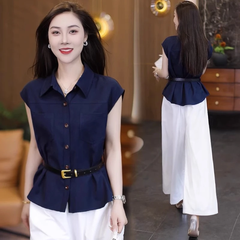 拉夏贝尔气质无袖衬衫阔腿裤两件套女式夏季新款洋气减龄时髦套装