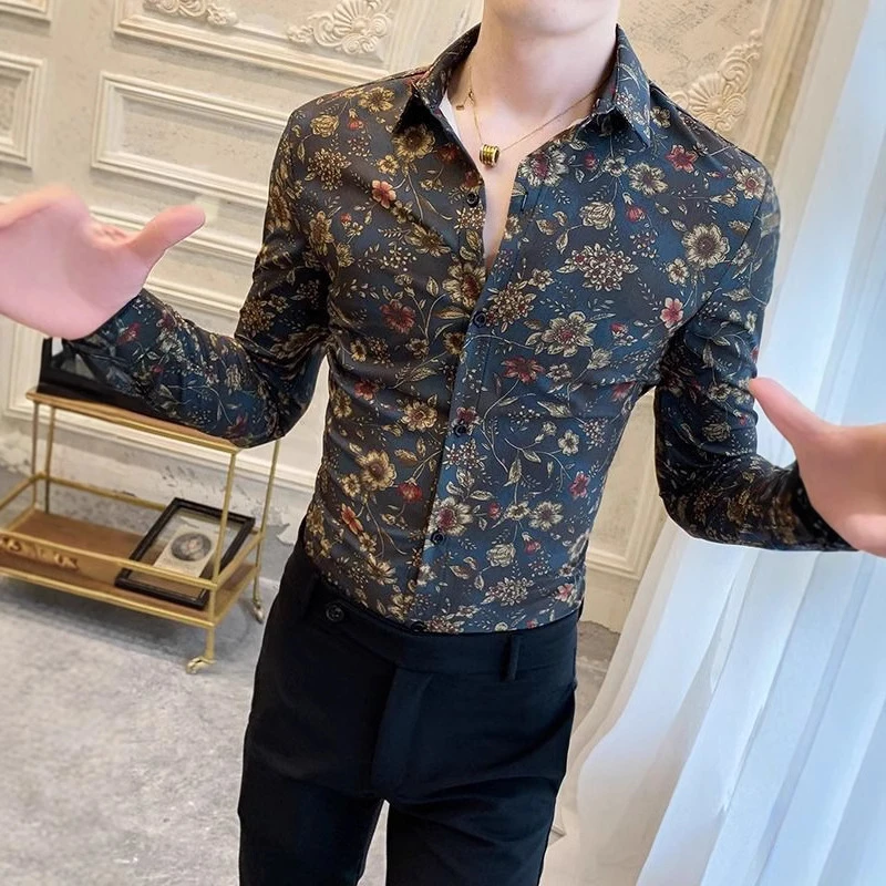 春秋季新款个性小碎花印花长袖衬衫男士发型师时尚百搭修身花衬衣