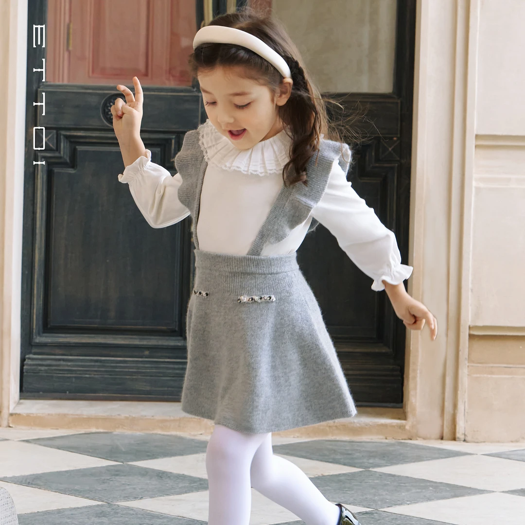 ETTOI2025秋新款灰色千金风背带裙A字摆针织洋