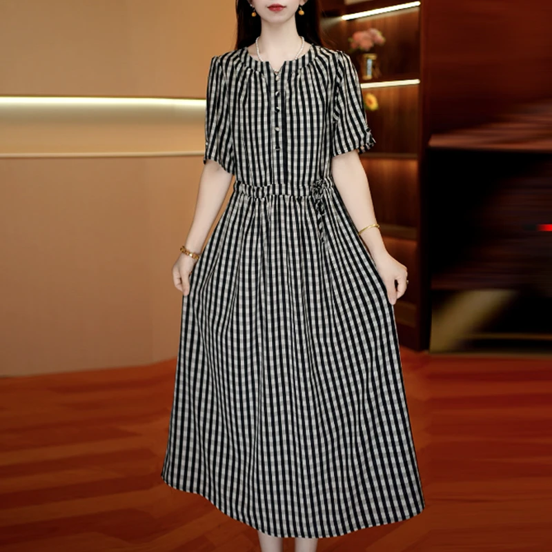 小格子 减龄时尚中长款夏季时连衣裙百搭遮肉裙子