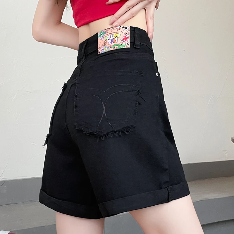 蜜蜜穿搭黑色卷边牛仔短裤女2025夏季小个子a字弹力阔腿四分裤子