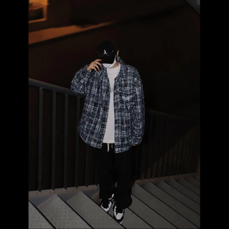 美式复古小香风粗花呢编织衬衫外套男宽松撞色刺绣翻领夹克上衣