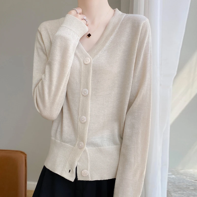 设计感高雅气质金银丝V领开衫毛衣春季新款亮丝针织外套上衣336