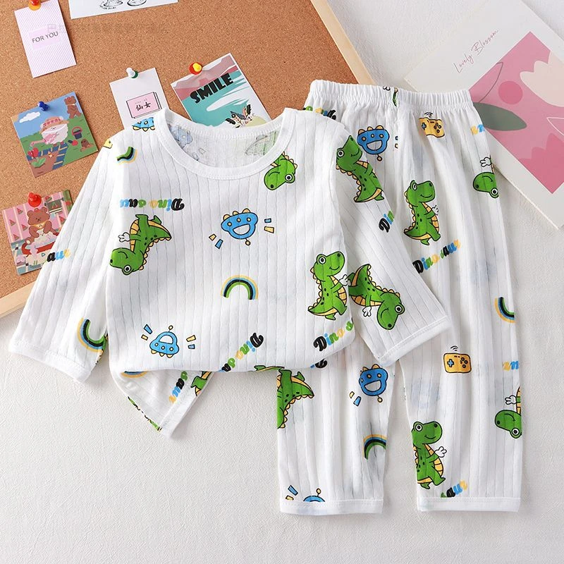 巴拉扣扣夏季儿童纯棉薄款透气空调服男童女童家七分居服套装睡衣