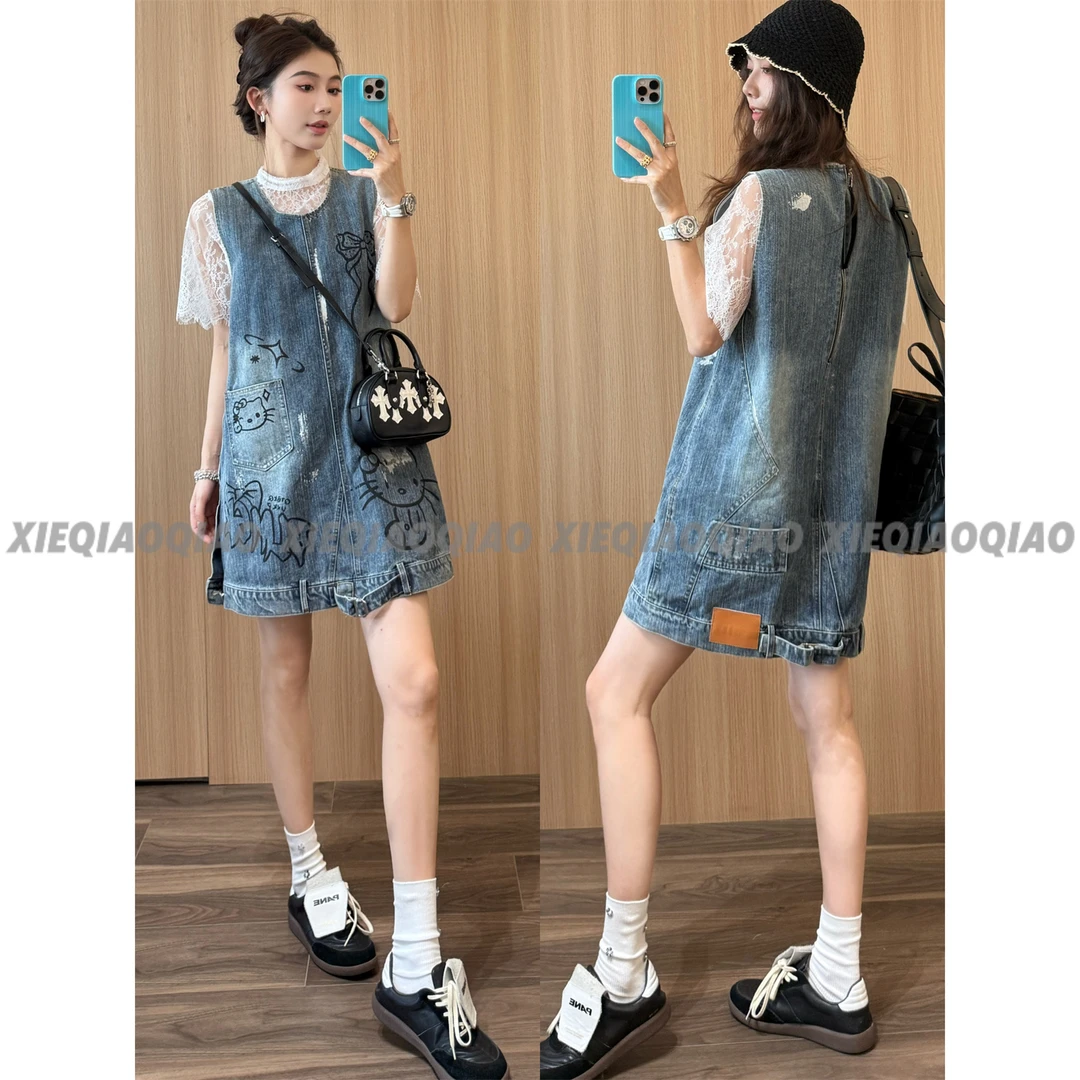 谢荞荞「喵星里漫游」夏季后背拉链手绘猫咪蝴蝶结无袖背心连衣裙